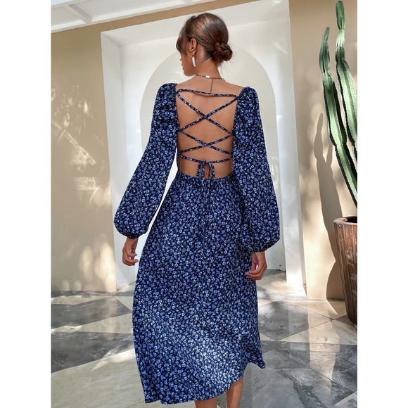 Dresses & Skirts - boho Floral print Lace Up backless long sleeve square neck midi Dress blue